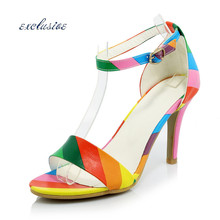 9 CM Spike Heels Peep Toe Sandals Buckle Strap Fashion Sexy Party Woman Shoes Large Size 32cm-44cm Black White Rainbow High Heel
