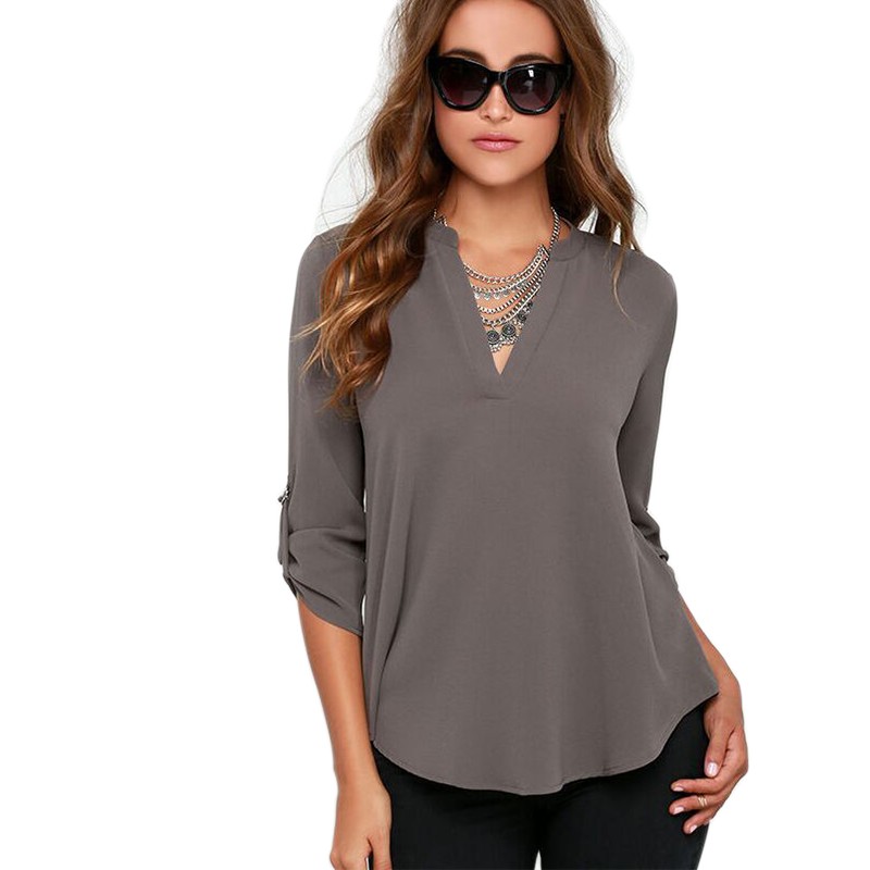 Autumn Women Blouses New Fashion V-neck Long Sleeve Solid Color Ladies Office Shirts Casual Tops blusas y camisas mujer XYFS3071 (2)