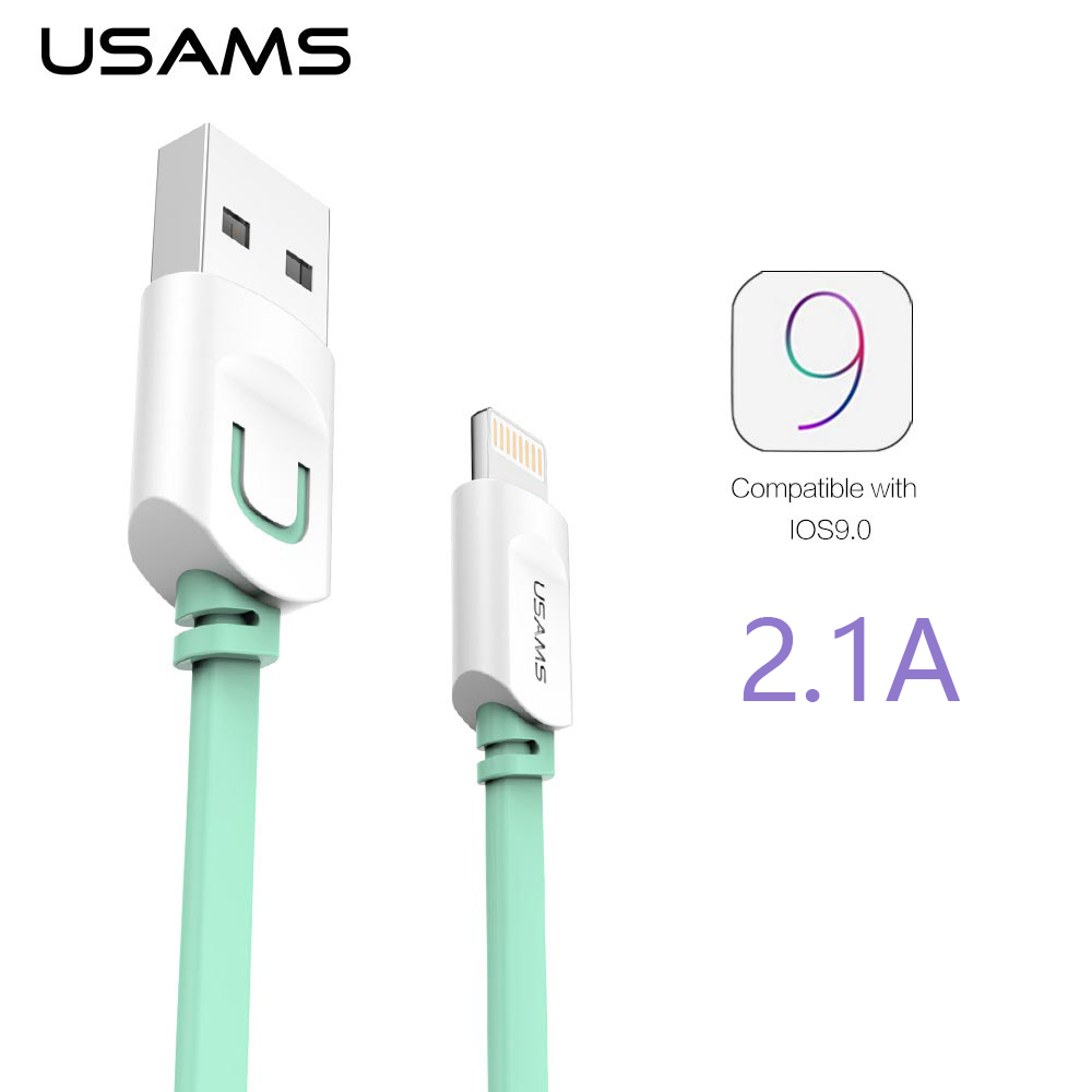 Image of For IPhone Cable IOS 9 USAMS 2.1A Fast Charging 1m 1.5m Flat Usb Charger wire cobo Sync Data Cable For iPhone 6 5 5s ipad