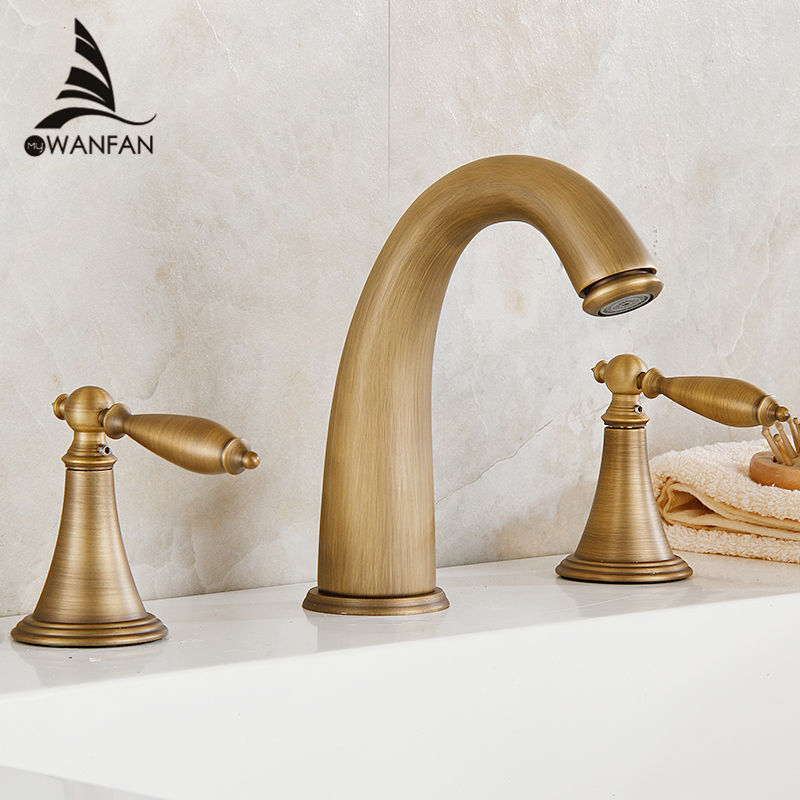 Free Shipping Wholesale Promotion Deck Mounted Widespread Antique Brass Bathroom Basin Faucet Dual Handles Mixer HJ-6837F