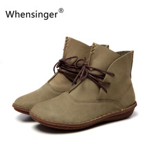 Whensinger – 2016 Women Shoes Spring Female Genuine Leather Boots Handmade Vintage Literary Style Ankle Lace-Up Fashion 506-L