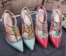 Size 35 40 New 2015 Brand Pointed Toe Rivets Shoes Woman High Heels Shoes blue red