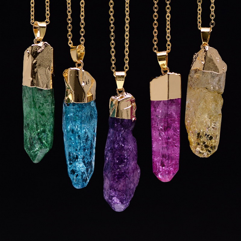 Image of 6 Colors Women's Natural Stone Pendant Amethyst Pink Quartz Crystal Necklaces Gold Plated Fluorite Erose Statement Necklace