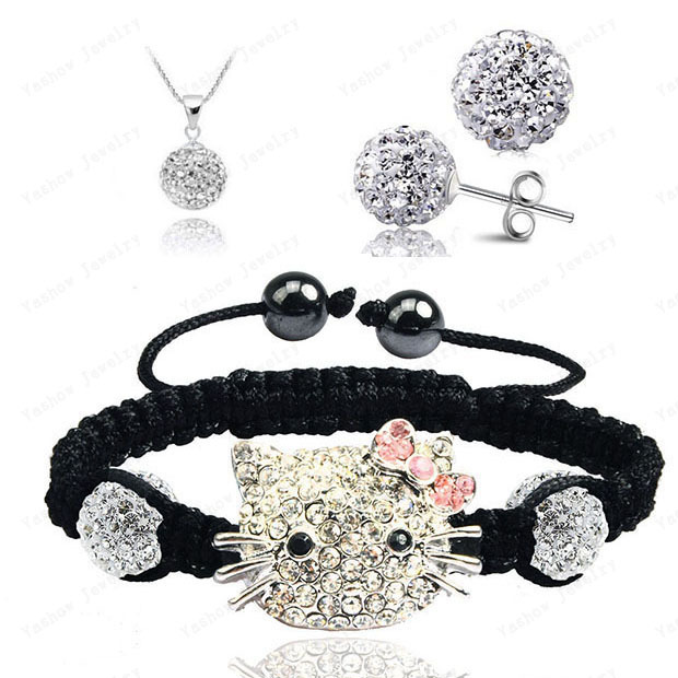 Image of Hello Kitty Fashion Shamballa Sets Shamballa Bracelet & Earrings & Pendant Micro Pave CZ Disco Ball Beads Shamballa Jewelry