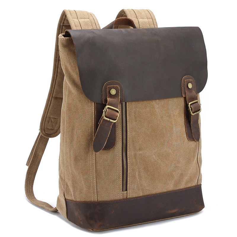 vintage canvas backpack women leather rucksack crazy horse leather unisex canvas backpack
