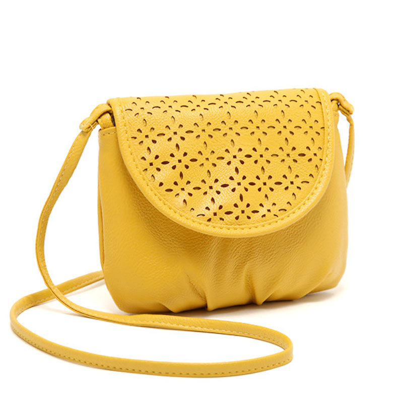 Image of Free Shipping Women Hole Flower Sweet Solid PU Leather Casual Yellow Clutch Soft Square Cross Body small women Shoulder Bag