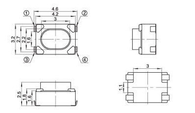 Description Picture 2 of item20/50/200/500pcs/lot 3X4X2.5 Micro Push Button 4feet 4Pin (SHORT) SMT Tact Switch Mounting For Car System/Cigarette Tool