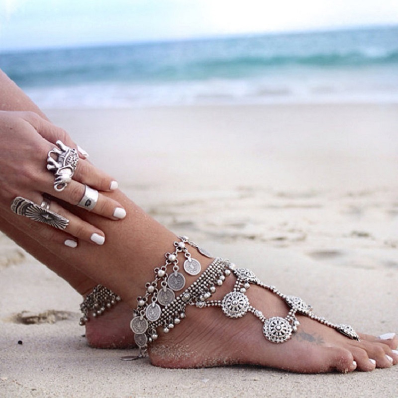 Image of Antique Silver Anklet Fashion Coin Tassel Leg Bracelet For Women To Beach Ankle Chaine Cheville Tobillera Foot Chain Anklets