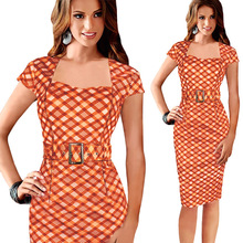 2016 spring summer Europe US New Women Elegant plaid Belted Tartan Tunic Wear Business Casual Party Pencil Sheath red Dress