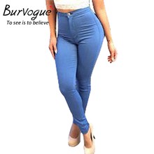 Burvogue Women Full Length Jeans Pants Skinny Thin Jeans Long Pencil Pants Blue Summer High Elasticity Jeans Pants