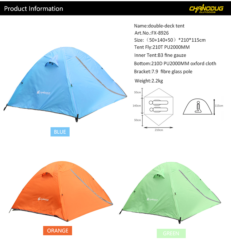 Chanodug Polyester 2 Person Outdoor Travel Double Layers Tent 190t Pu Camping Mat 2000mm Waterproof Windproof Breathable Tents