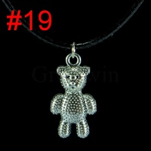 18 Designs Vintage Antique Silver Plated Bear Black Leather String Rope Metal Pendant Choker Charm Necklace