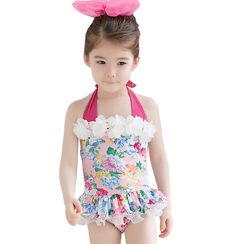 2016 New Flowers Children Girl Swimsuit Kids Floral Girls Swimwear Lace One...