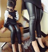 winter all children’s clothes and accessories PU leather solid black long sleeve Plus thick velvet Slim kid girls leggings pants