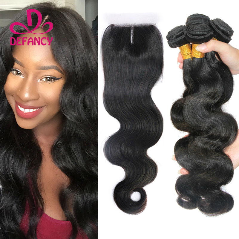 Image of Brazilian Virgin Hair With Closure 4 Bundles Body Wave Human Hair Weave With Closure Full Head Brazilian Body Wave With Closure