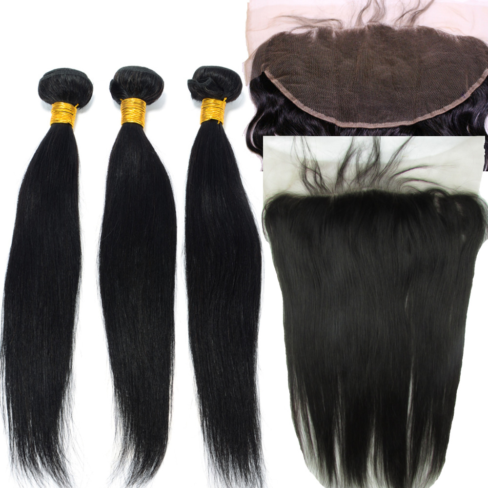 Image of 8A 13x6 Lace Frontal Closure With Bundles Straight Hair Products Brazilian Virgin Hair With Closure Bundle Unprocessed Virgin