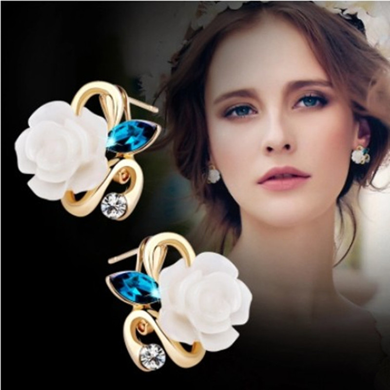 Image of 2015 Newest Grandes Classic Rhinestone White Ceramic Flower Ear Cuff Earrings Syerigi Stud Earrings For Women Pendientes