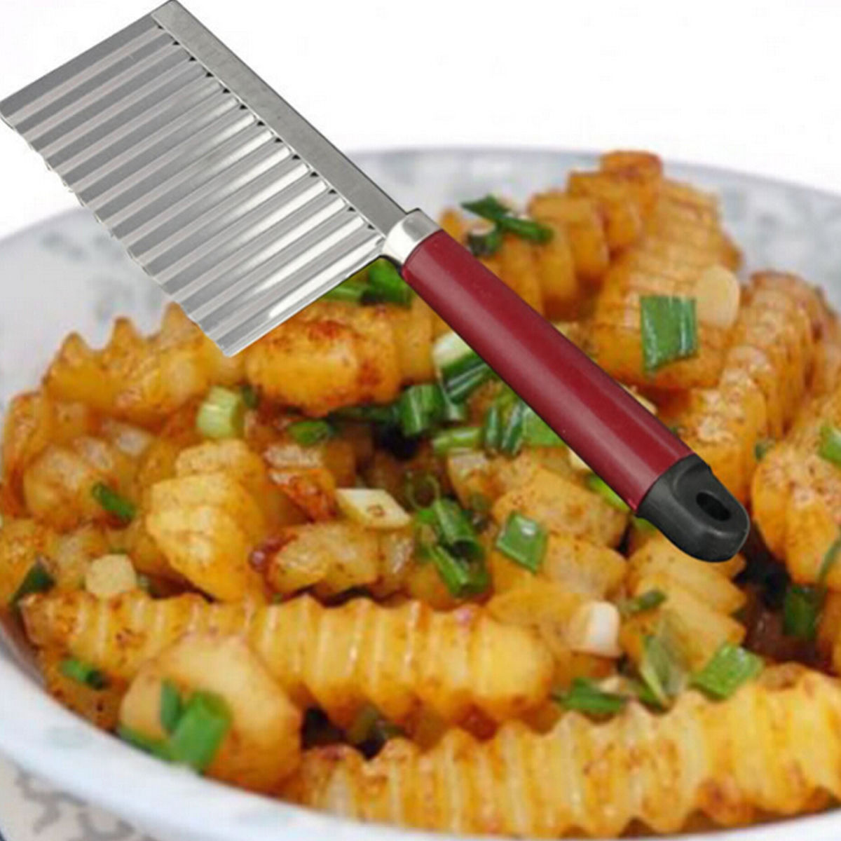 Image of New Stainless Steel Potato Chip Dough Vegetable Crinkle Wavy Slicer Knife Food Quality Plastic Handle