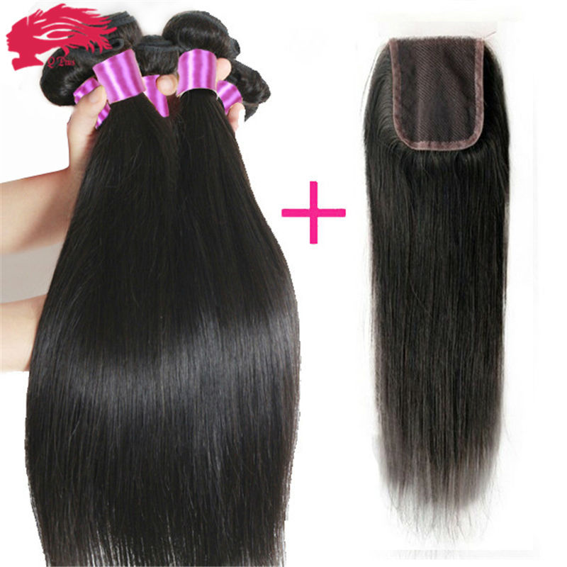 Image of Brazilian Virgin Hair with Closure 3 Bundles with Closure 7A Unprocessed Human Hair Weave Brazilian Straight Hair with Closure