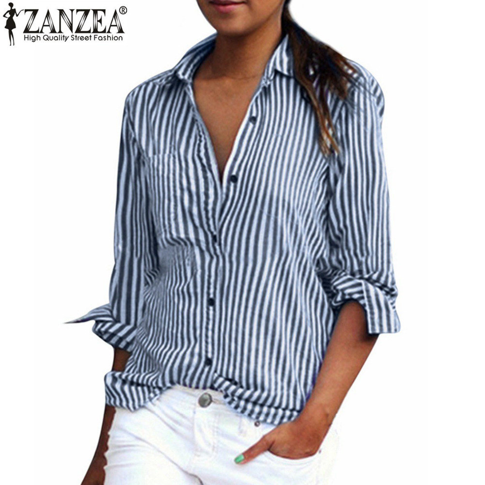 Image of Plus Size XS-5XL 2016 ZANZEA Women Blouses Long Sleeve Lapel Striped Shirt Fashion Loose Casual OL Work Tops Blusas Femininas