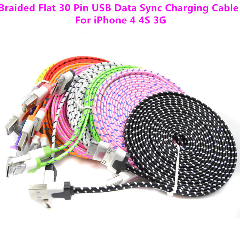Image of 1M/2M/3M High Quality Braided Flat 30 pin USB Data Sync Charging Charger Cable Cord For iPhone 4 4S 3G