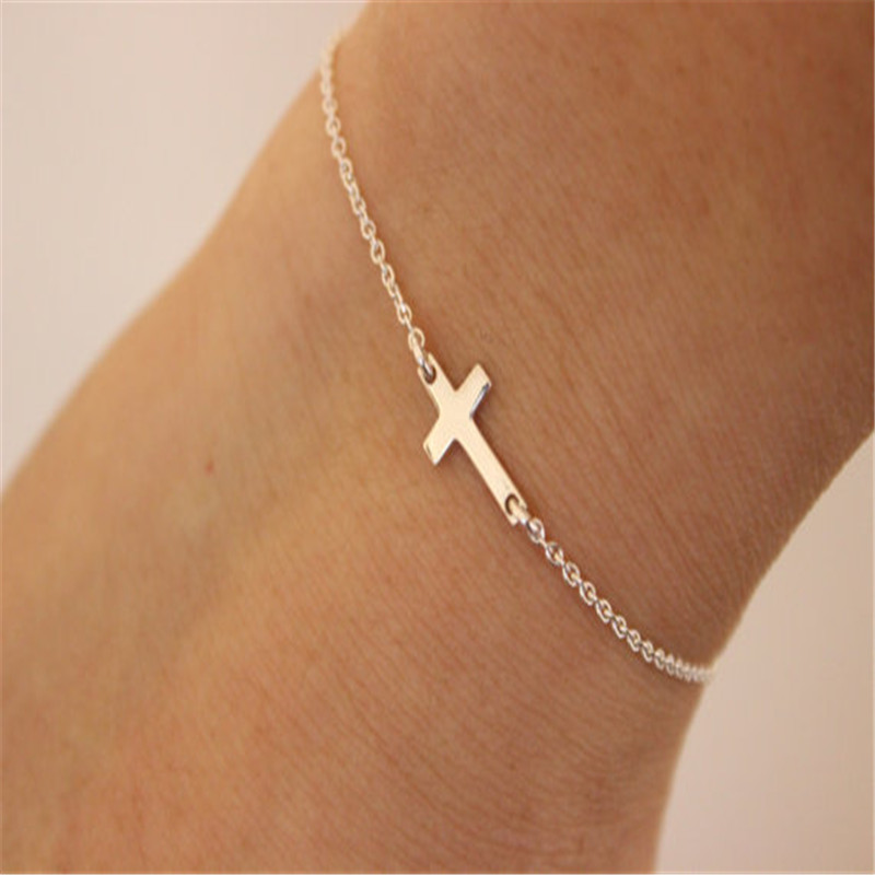 Image of New Simple Design Gold Silver Thin Chain Sideways Cross Inspired Charm Delicate Bracelet For Women Fashion Jewelry