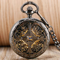 Luxury Automatic Mechanical Pocket Watch Retro Roman Numerals Grilles Women Black Gold Chain Self Winding Transparent