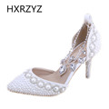 Summer Pearl Crystal Sandals Women Elegant White Ankle Straps High heeled Shoes Women Pointed Toe Wedding