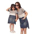 2016 mother daughter matching dresses summer style mommy and me clothes women grey white blue denim