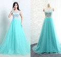 Lighe Blue Lace Long A Line Prom Dresses 2015 For Women Formal Occasion Wedding Party Bridal