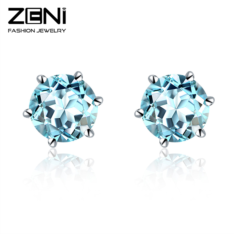Zeni New Fine Jewelry 100% 925 Sterling Silver 1.0 CT Natural Fine Blue Topaz Stone Round Stud Earring 6mm