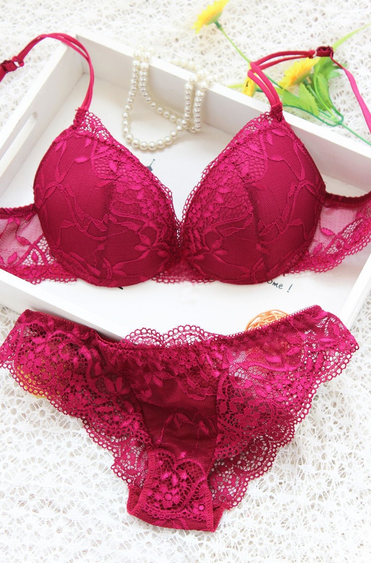 Image of Free Shipping Woman Lady Lace Sexy Floral Push-Up Panties Hollow Sweet Transparent Comfy Fit Bowtie Underwear Sleepwear Bra Set