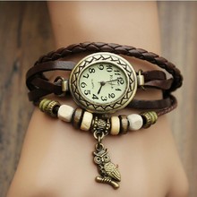 New Fashion Cow Leather Watches with Wooden Bead Retro Little Owl Dress Analog Watch for Women