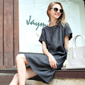 Plus Size Linen And Cotton Casual Dress Women Gray Short Sleeve Loose Women Dress 2016 Spring