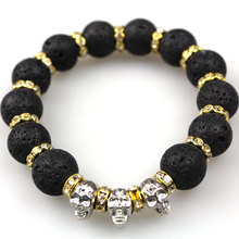 CM493 2015  New Lava Stone beads Skull Men Bracelets, Gold plated  Skull , Black Yoga bracelet,Unisex for party brand braclets