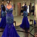 Royal Blue Mermaid Prom Dress 2016 Hot Design Vintage Crystals Long Open Back Tulle Evening Dresses