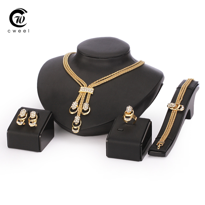 Image of Jewelry Set For Women Gold Plated Beads Collar Necklace Earrings Bracelet Fine Rings Sets Party Costume Latest Fashion Trendy