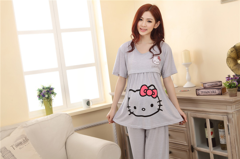 Hello kitty Gray women clothing maternity wear summer dresses for pregnant nursing clothes breast feeding maternity sleepwear 19