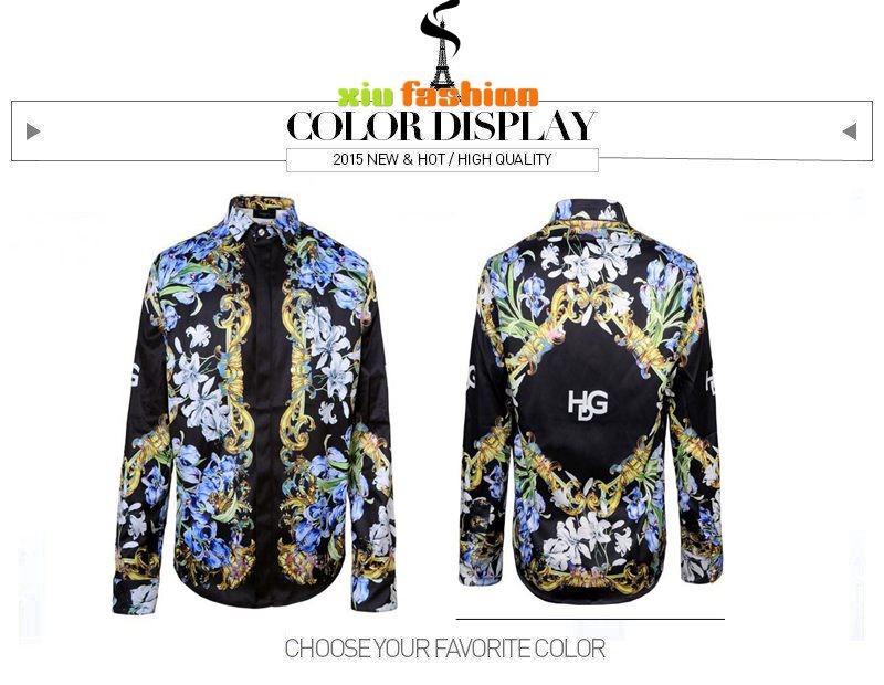 Men\'s Long-Sleeve Shirts 2015 Fashion Tide Brand Europe Stitching Slim Paradise Birds Flower Mens Casual Shirt Camisa Masculina (9)