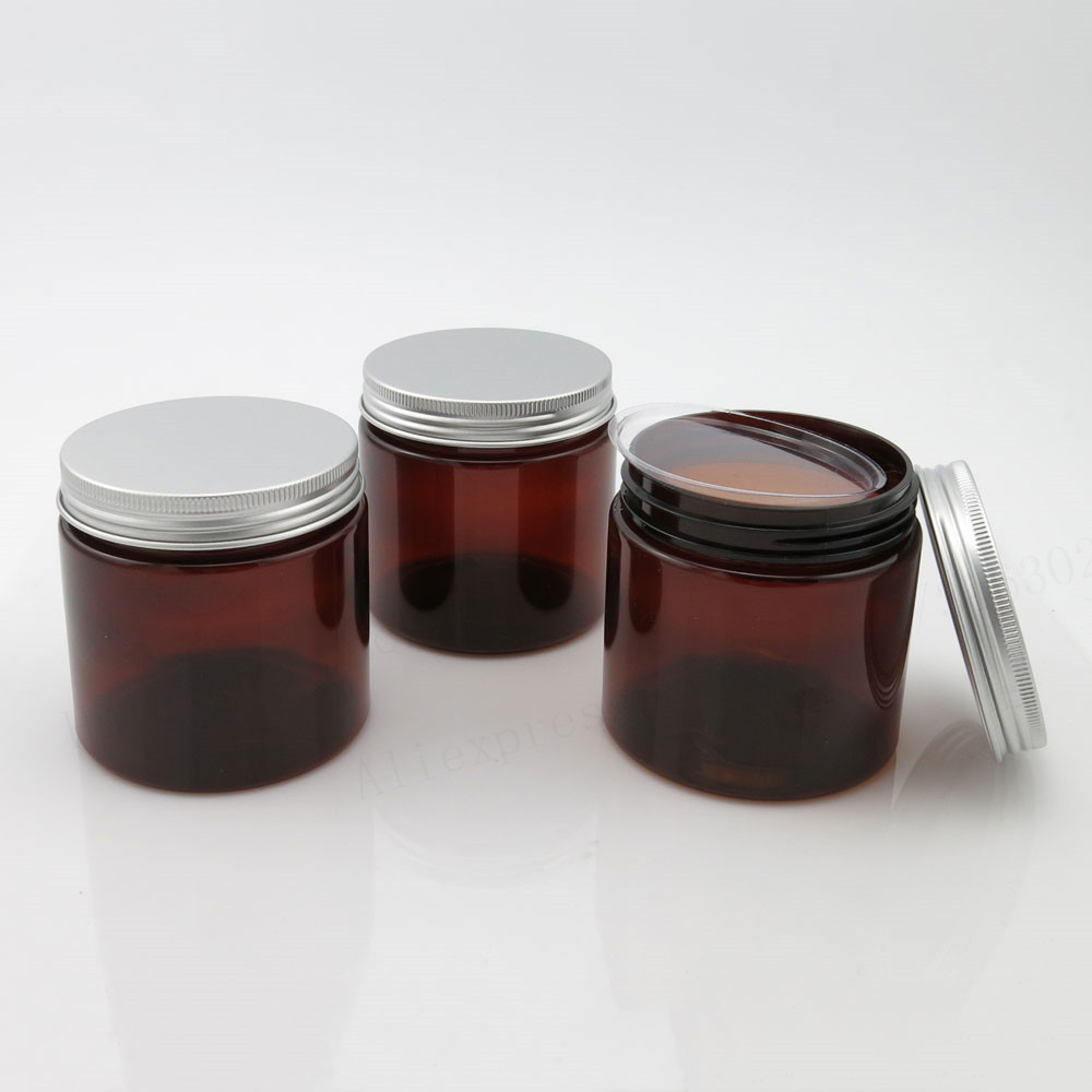 20 x 200ml Empty Amber PET Jars Aluminum Lids 200g Brown Plastic