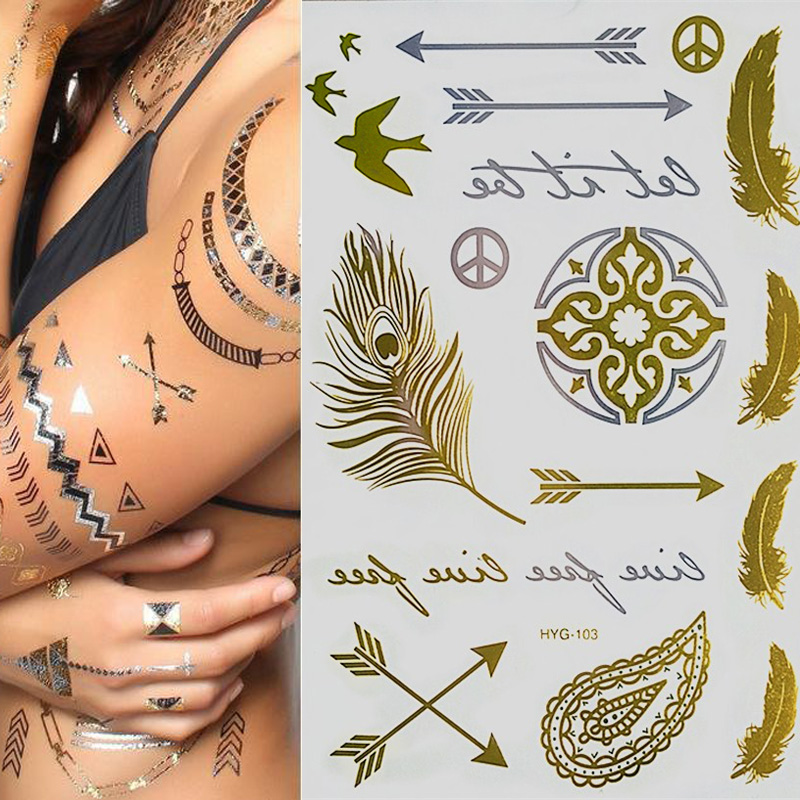 Image of Model HYG 1 gold and silver flash tattoos One-time temporary tattoos Body art gold tattoo stickers High quality tattoo