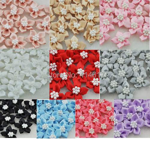 Image of 10pcs satin ribbon flowers W/pearl Appliques Craft DIY Wedding A046