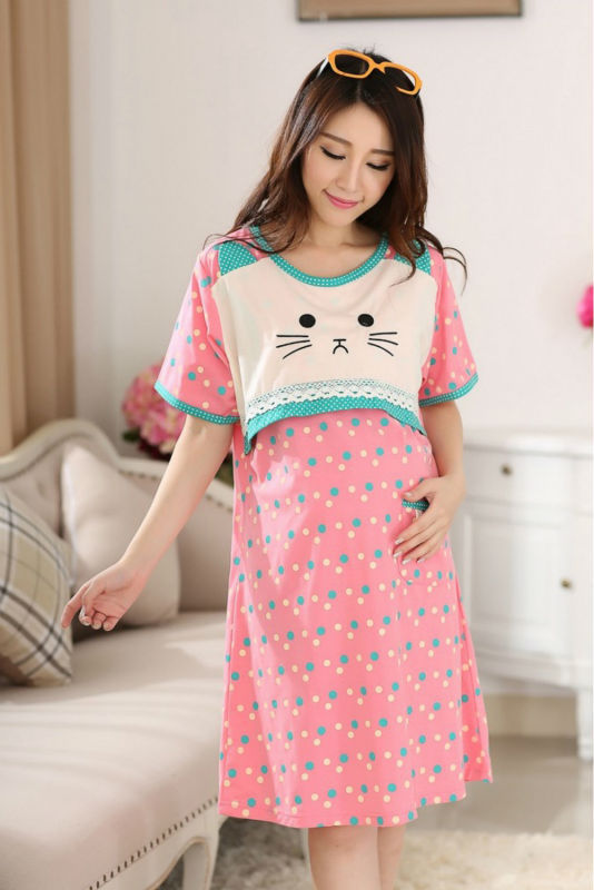 Plus size Kawaii Kitty Pink dots loose pregnant women maternity clothing for breast feeding homecoming dress lactating gowns 9