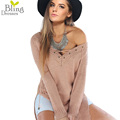 Spring Autumn Sexy Deep V Neck Cross Bandage Long Sleeve Sweaters 2016 Fashion Women Loose Tops