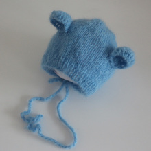 1pc cute mohair bonnet blue ear bear pattern cap for newborn baby photo props handmade hat newborn fotografia accessories