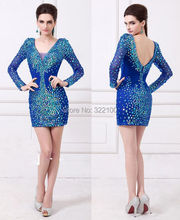 Vestidos Curtos Para Formatura Royal Blue Young Ladies Evening Dresses Crystal Beaded Long Sleeve Homecoming Dresses