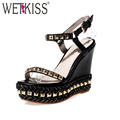WETKISS 2017 New Arrive Genuine Leather Women Sandals Pop Rivets Ankle Strap Gladiator Sandals Wedges Platform