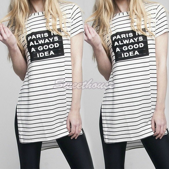 Image of Women T Shirt Striped Letter Printed T-Shirt Casual Side Split Loose Tops Summer Style 12