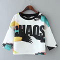 2016 Summer New Shirt Women Tops Lettering Graffiti Printed Crop Top Loose 3 4 Sleeved Blouses