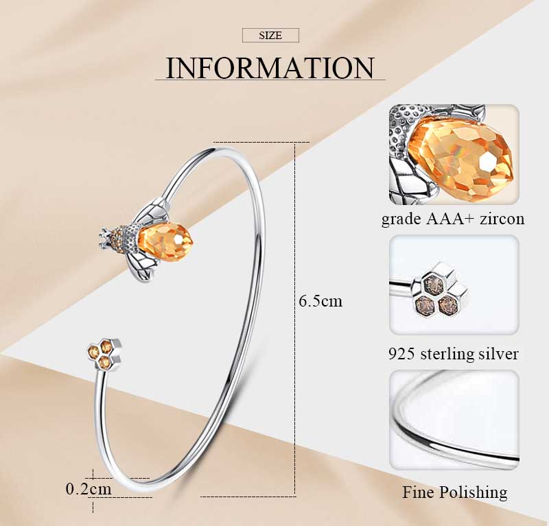 TONGZHE Honeycomb Bee Open Cuff Bangle Bracelet Sterling Silver 925 Cubic Zirconia CZ for Women Girls 7
